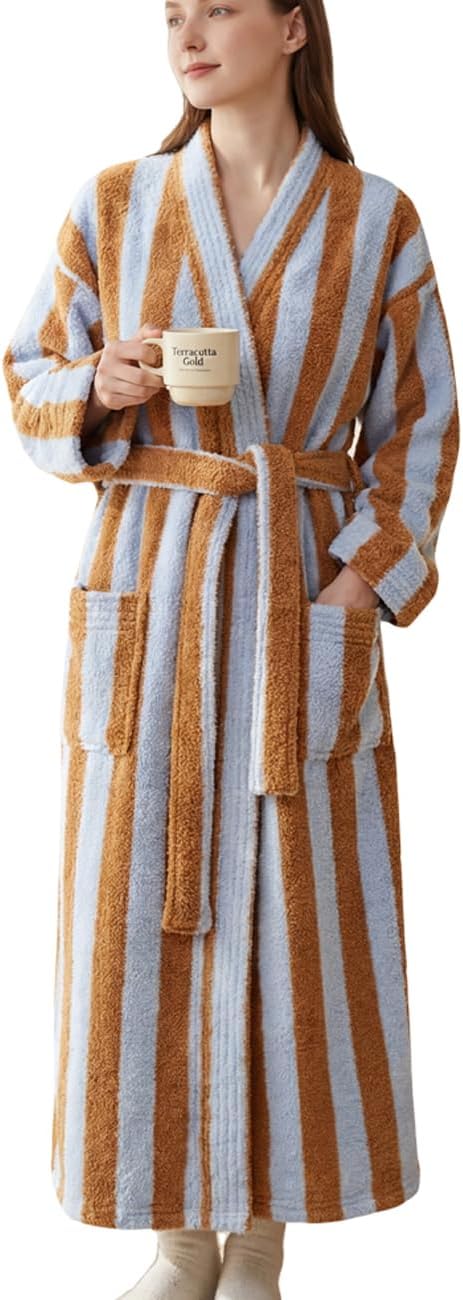 Women's Striped Plush Robe Long Soft Fluffy Bathrobe