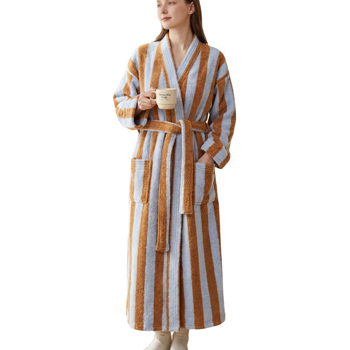 Women's Striped Plush Robe Long Soft Fluffy Bathrobe