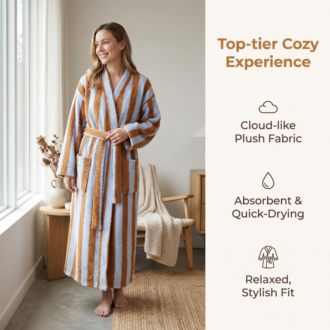 Women's Striped Plush Robe Long Soft Fluffy Bathrobe