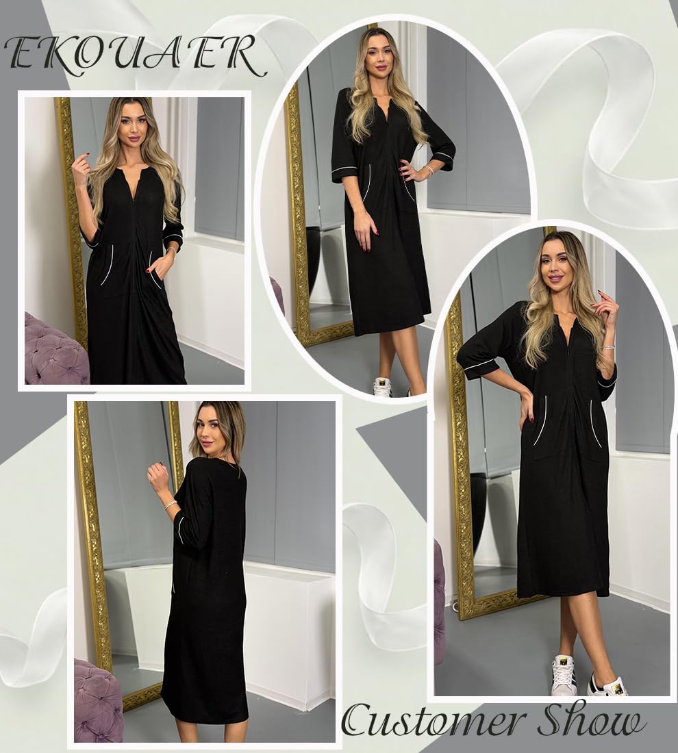 Ekouaer Zipper Robes for Women 3/4 Sleeve Bathrobe Lightweight House Coats