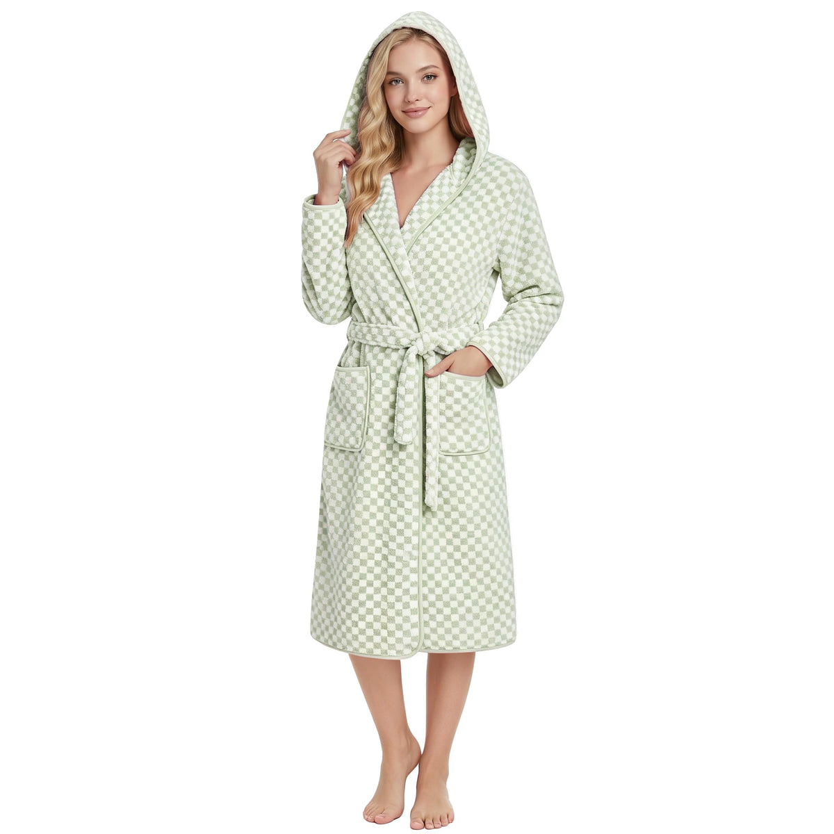 PJGGZ Checkered Hooded Bathrobe for Women, Lightweight Microfiber Towel Material Quick Dry Soft Absorbent Y2K Trendy Robe