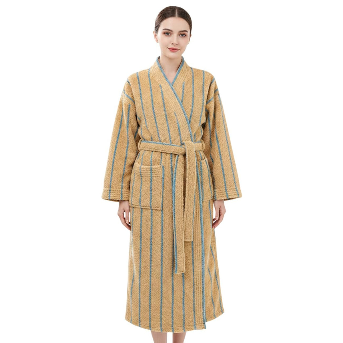 Women's Striped Plush Robe Long Soft Fluffy Bathrobe