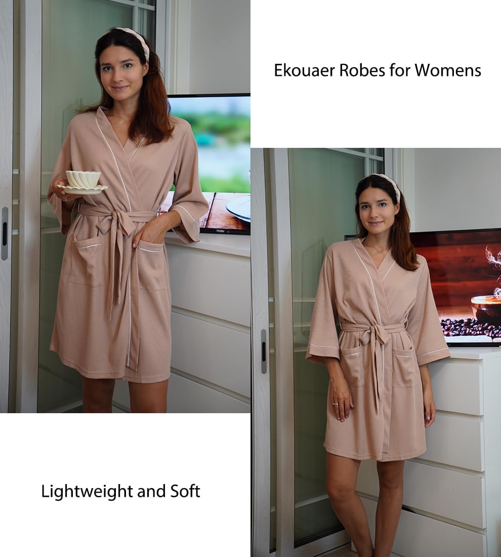 Ekouaer Women Robes Waffle Knee Length Bathrobe Lightweight Soft Sleepwear V neck 3/4 Sleeve Casual Ladies Loungewear S-XXL