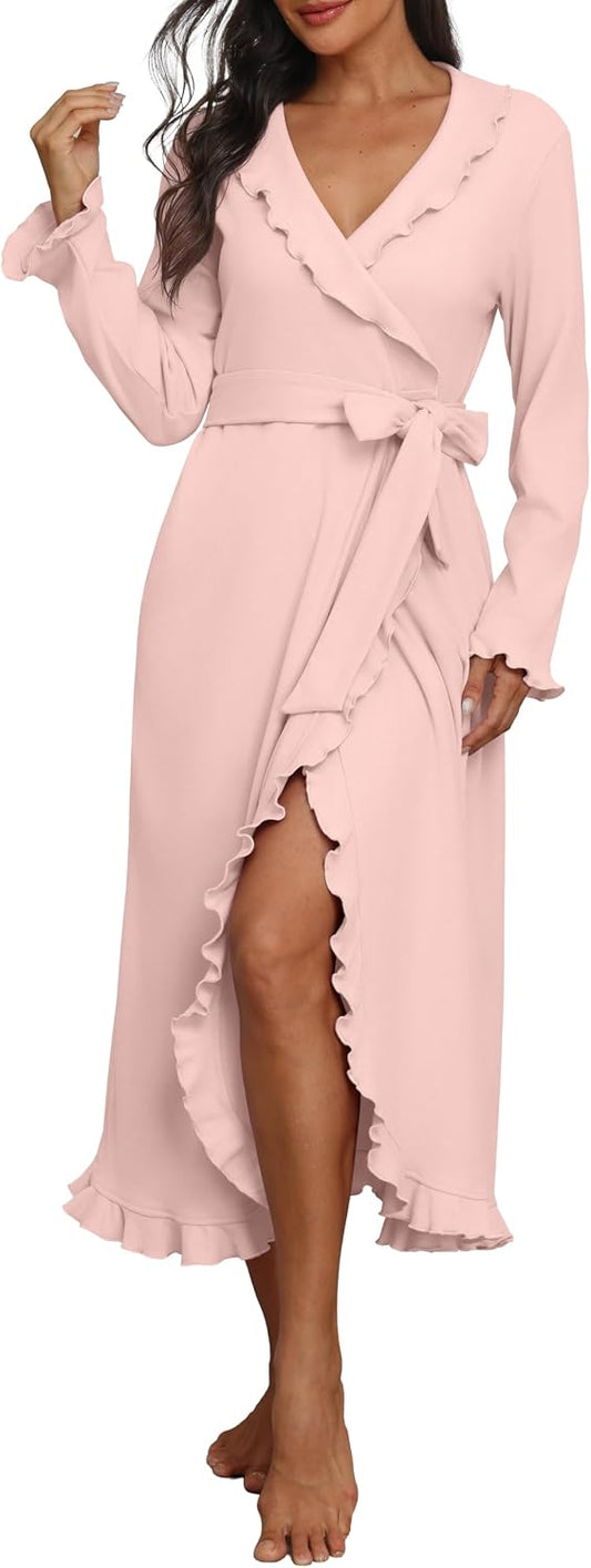 PrinStory Womens Robe Fleece Ruffle Warm Long Bathrobe