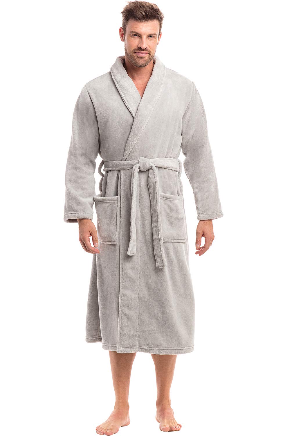 Men's Long Sleeve Lightweight Fleece Robe with Pockets, Bathrobe