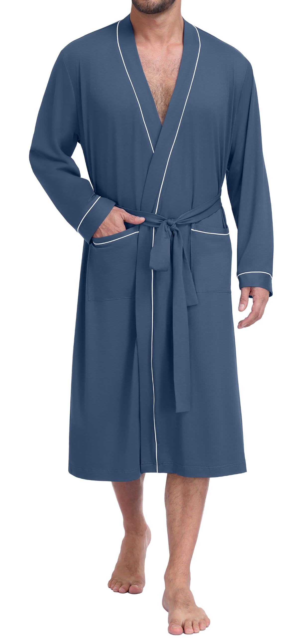 PrinStory Mens Lightweight Robe Soft Knit Kimono Long Bathrobe Loungewear