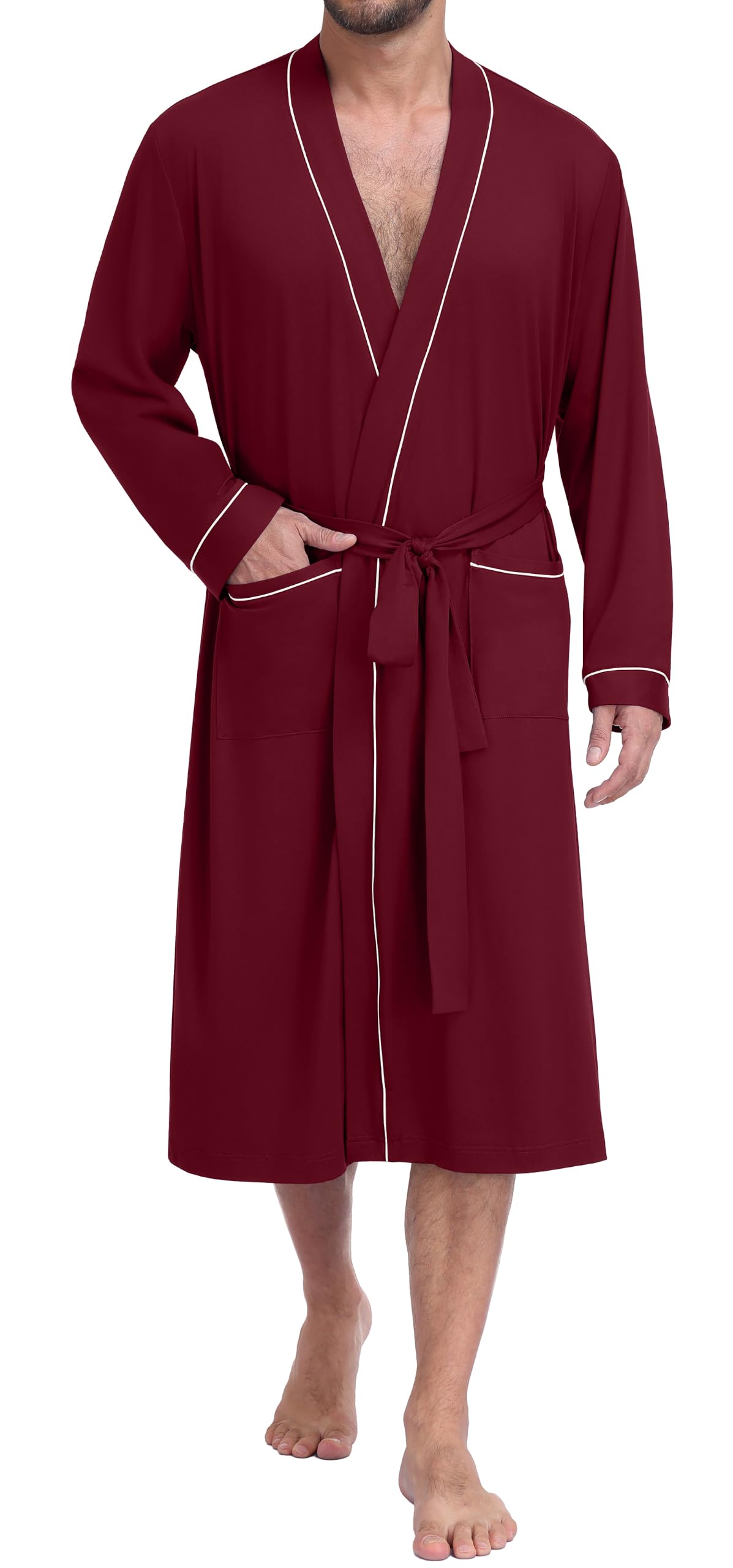 PrinStory Mens Lightweight Robe Soft Knit Kimono Long Bathrobe Loungewear