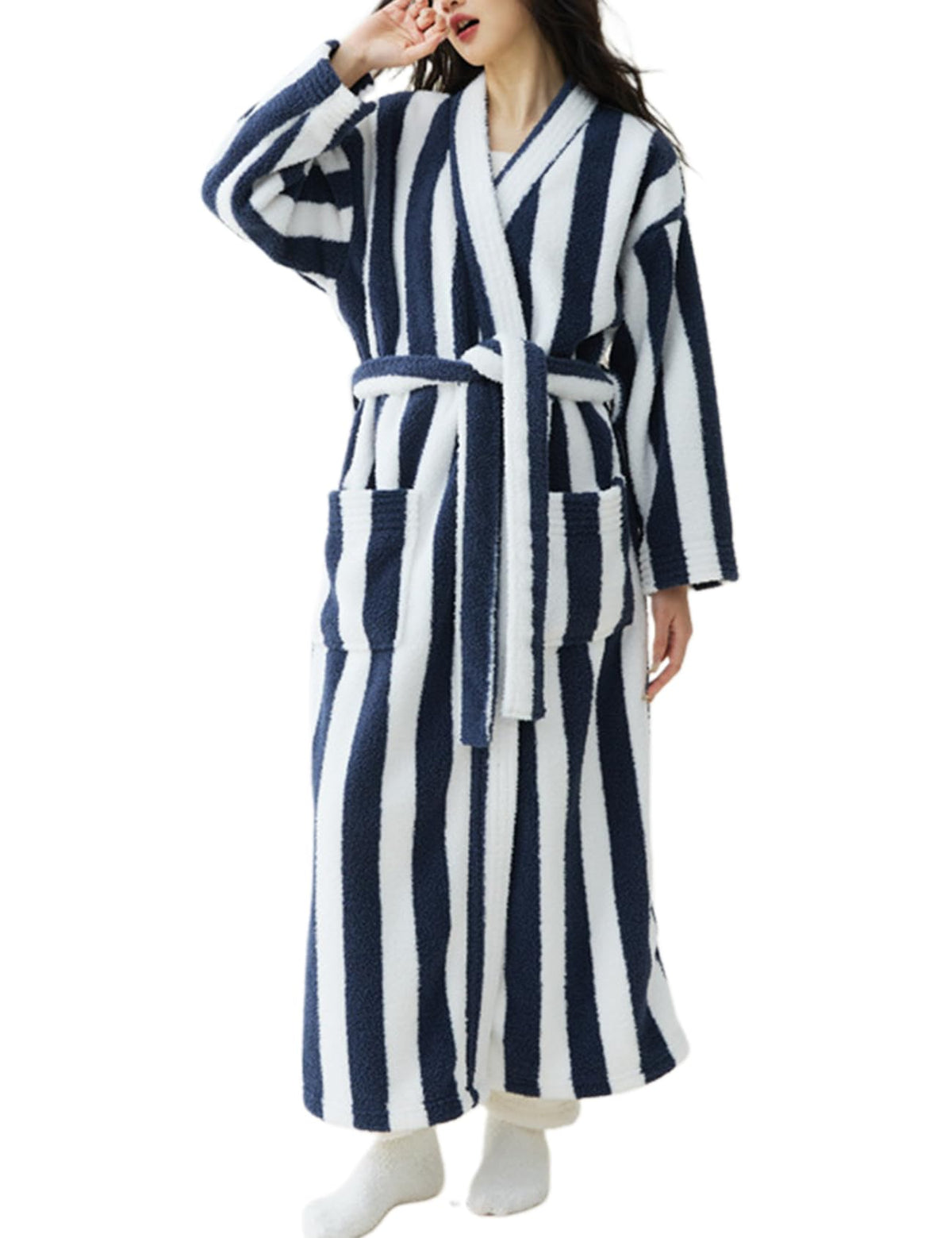 Arssm Womens Striped Fluffy Robe Long Plush Fuzzy Warm Bathrobes