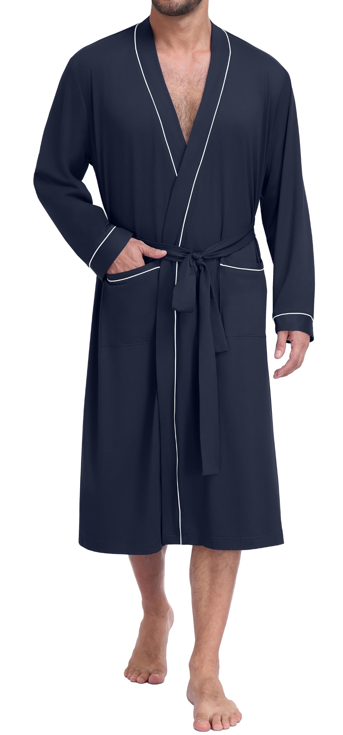 PrinStory Mens Lightweight Robe Soft Knit Kimono Long Bathrobe Loungewear