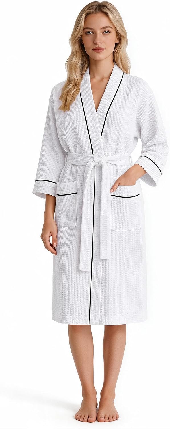 Inner Wish Women's Cotton Waffle Kimono Robe, Lightweight Quick Dry Spa Shower Robe with Pockets