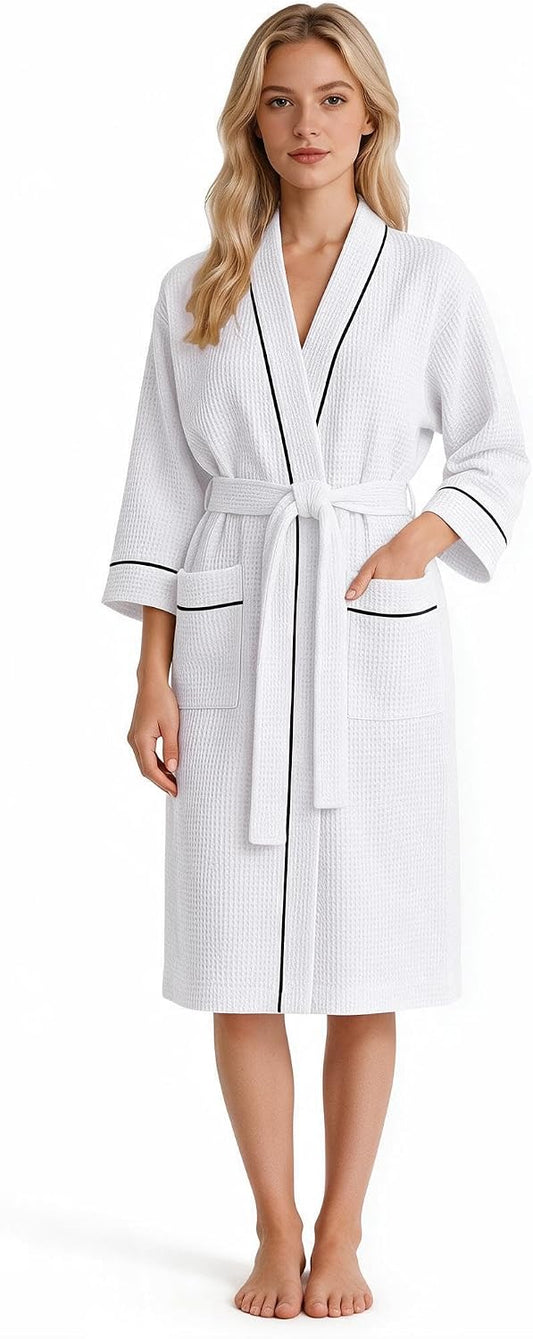 Inner Wish Women's Cotton Waffle Kimono Robe, Lightweight Quick Dry Spa Shower Robe with Pockets