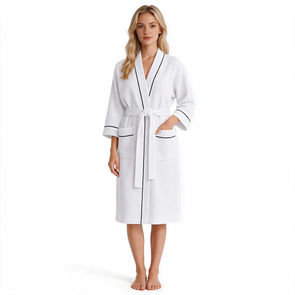 Inner Wish Women's Cotton Waffle Kimono Robe, Lightweight Quick Dry Spa Shower Robe with Pockets