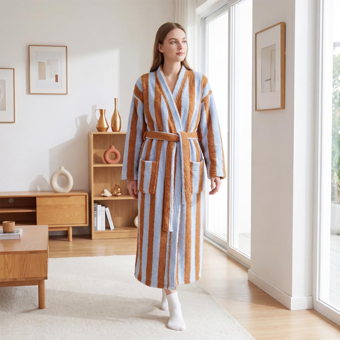 Women's Striped Plush Robe Long Soft Fluffy Bathrobe