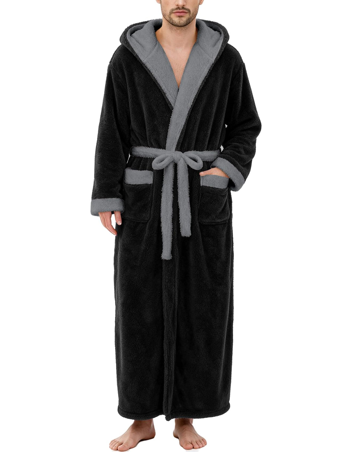 Flygo Mens Plush Hooded Robe Soft Fleece Full Length Bathrobe
