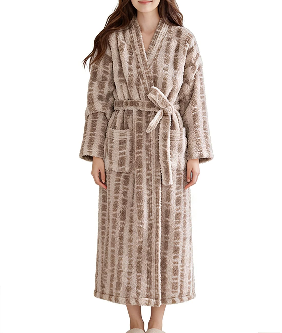 Women's Striped Plush Robe Long Soft Fluffy Bathrobe