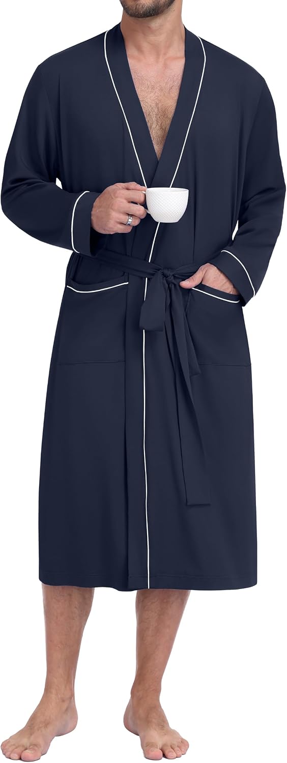 PrinStory Mens Lightweight Robe Soft Knit Kimono Long Bathrobe Loungewear