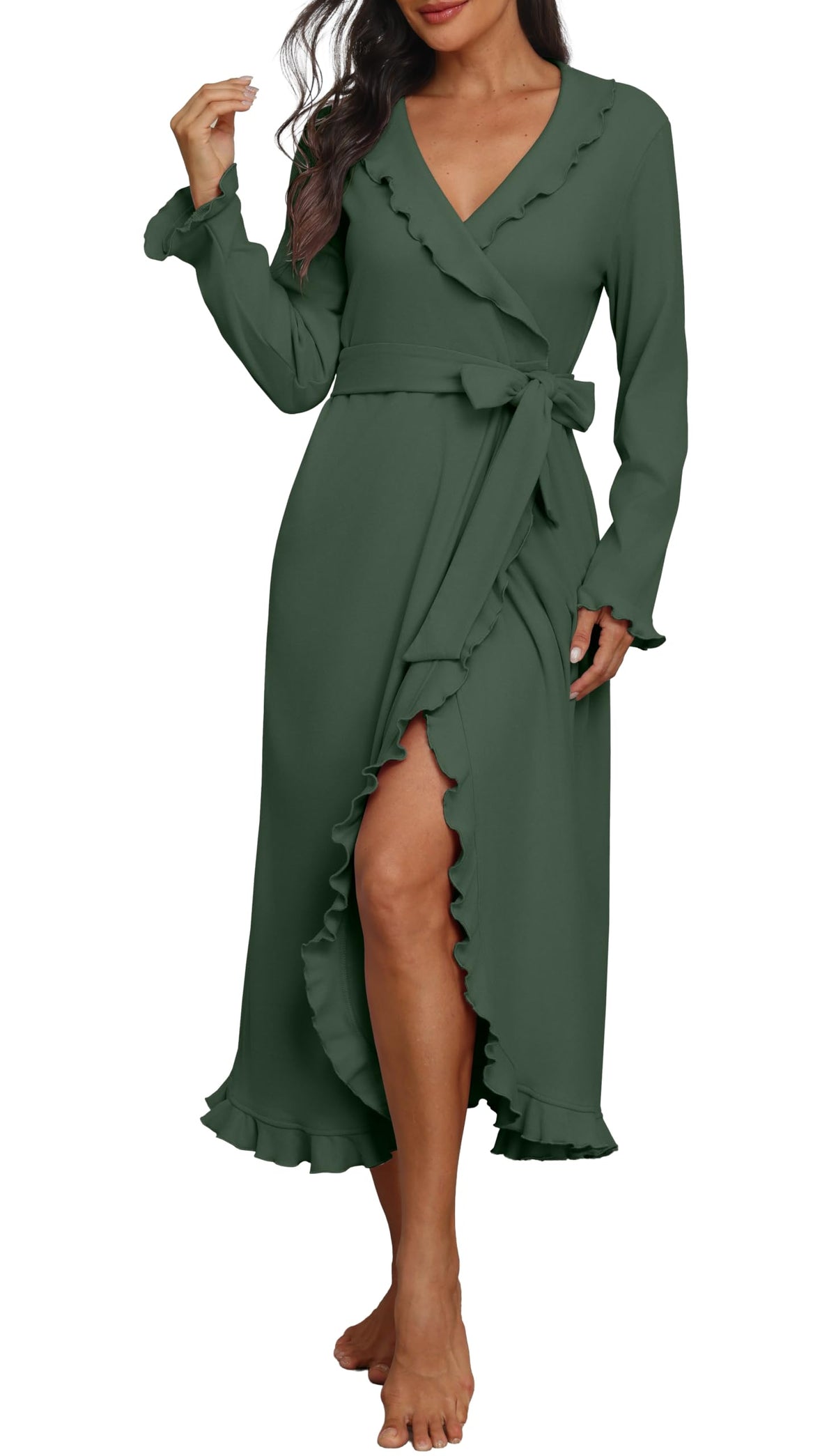 PrinStory Womens Robe Fleece Ruffle Warm Long Bathrobe