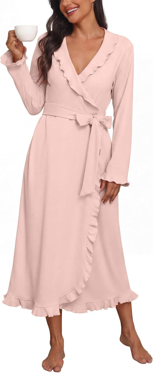 PrinStory Womens Robe Fleece Ruffle Warm Long Bathrobe
