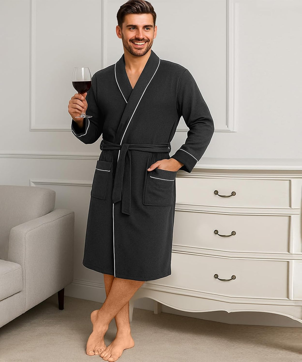 Cotton Blend Lightweight Knit Robe for Men Soft Loungewear Bathrobe