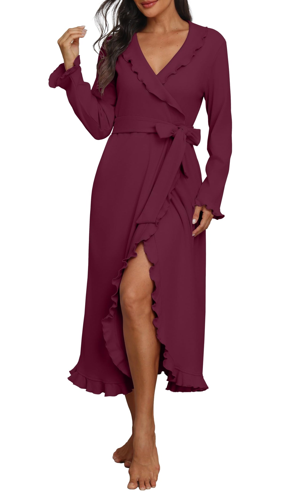 PrinStory Womens Robe Fleece Ruffle Warm Long Bathrobe