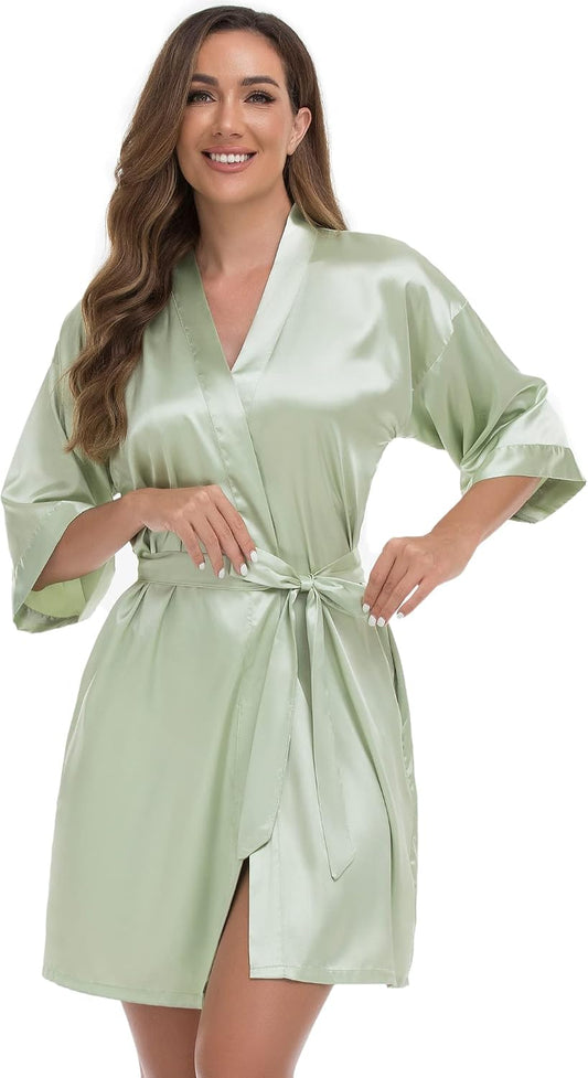 VOGUEMAX Womens Short Kimono Robe Bride Bridesmaids Wedding Satin Bathrobe