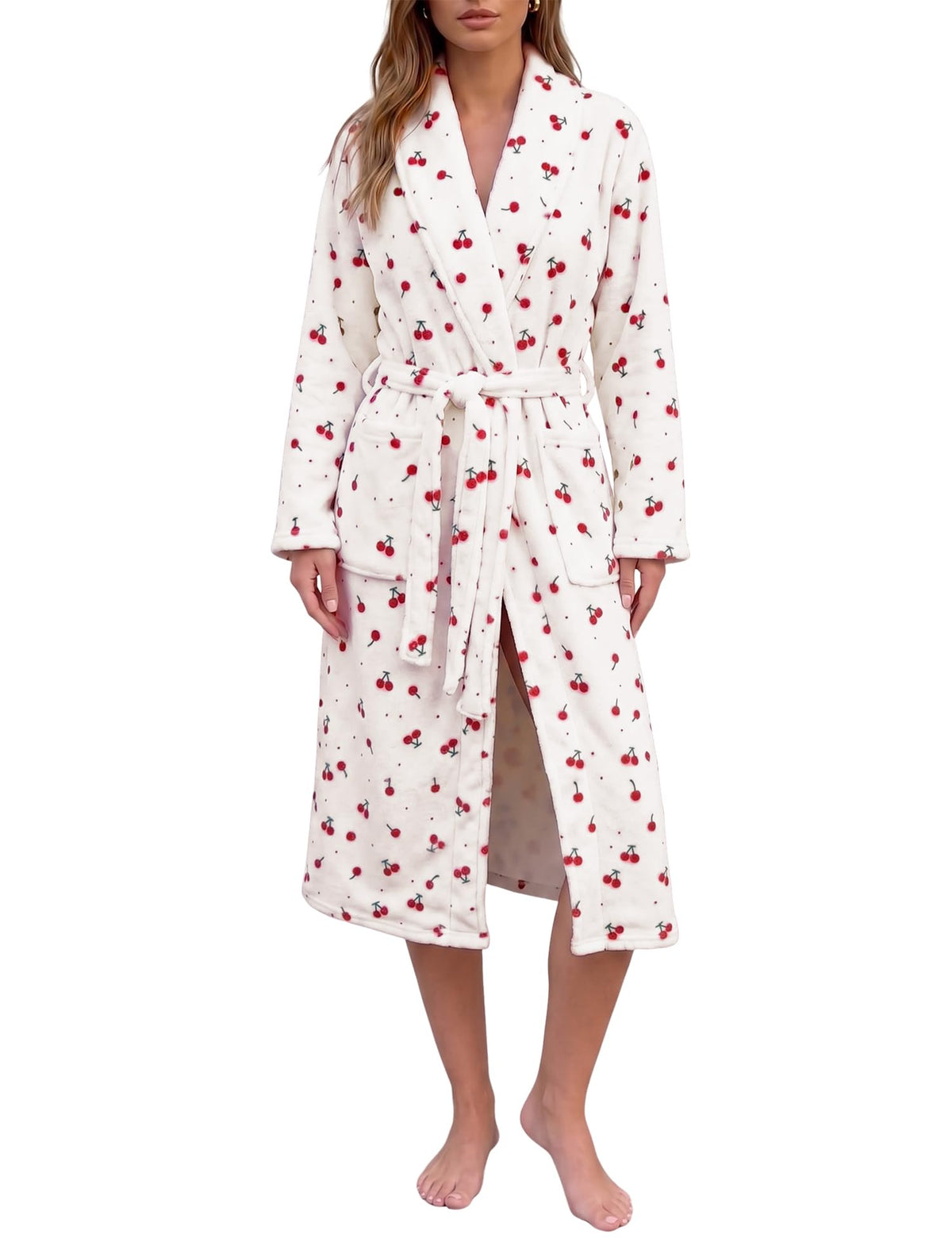 Fleece Robes for Women Cute Soft Printed Bathrobe Lightweight Fall Winter Robe with Belt