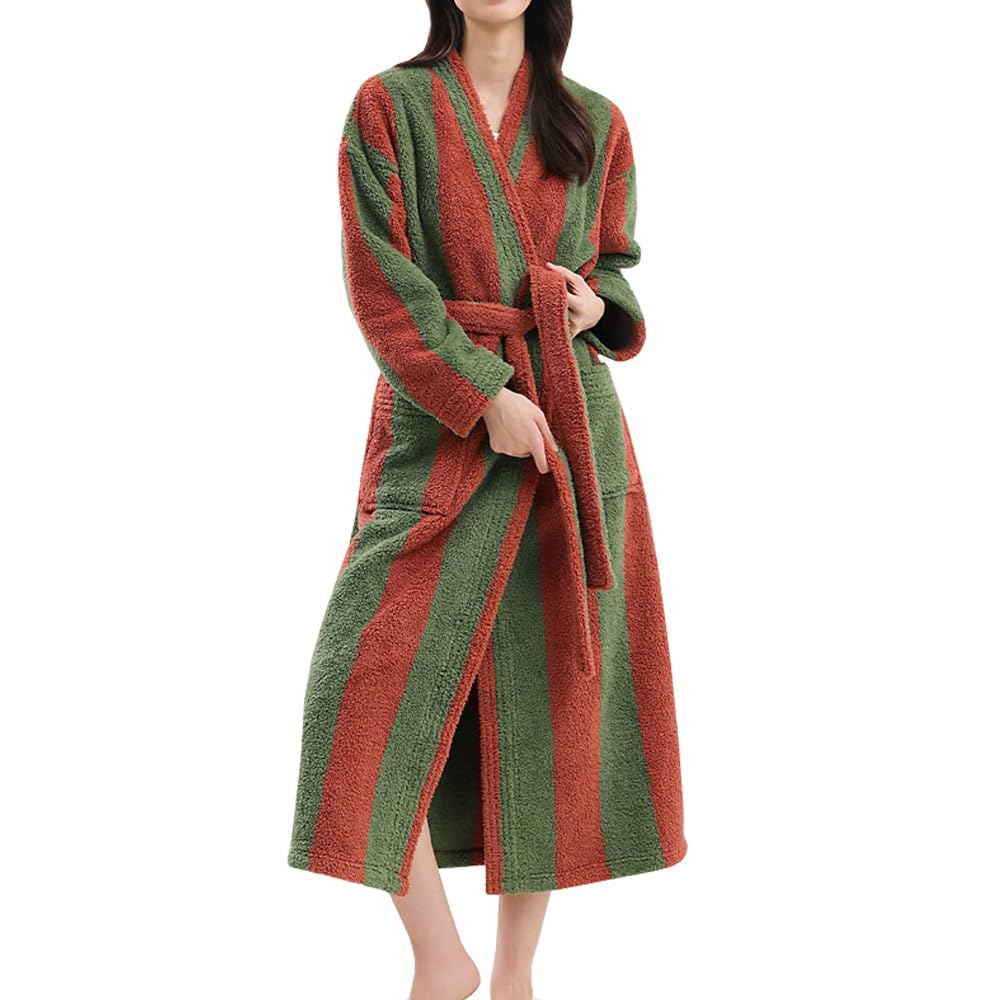 Women's Striped Plush Robe Long Soft Fluffy Bathrobe