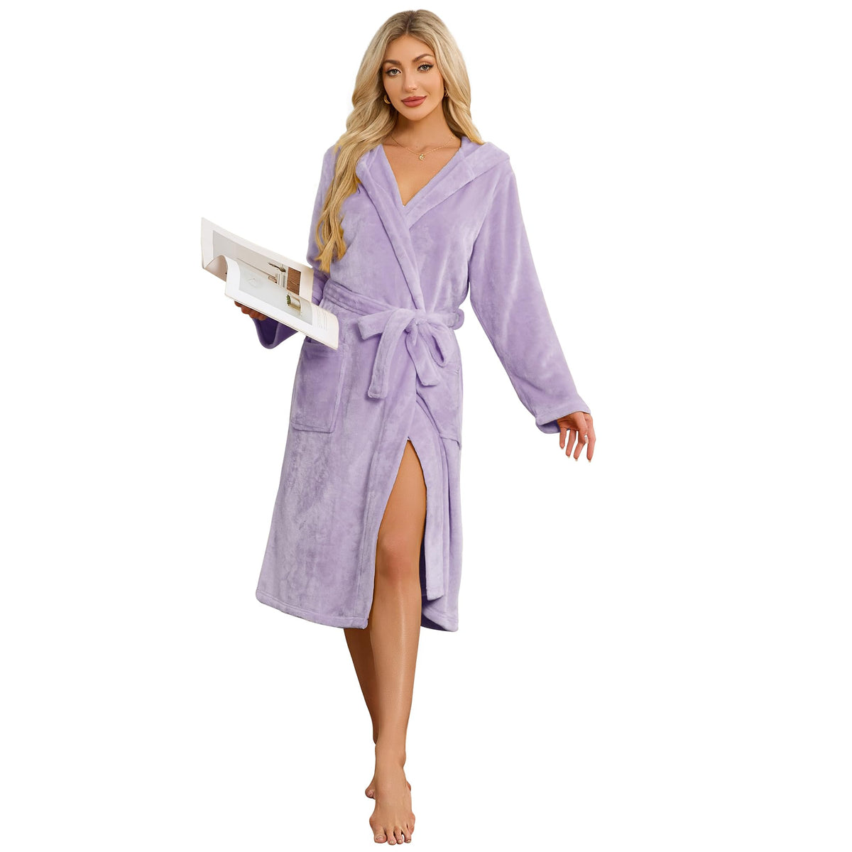 HEARTNICE Womens Hooded Fleece Robe, Soft Bathrobe for Womens, Cute Long House Coat