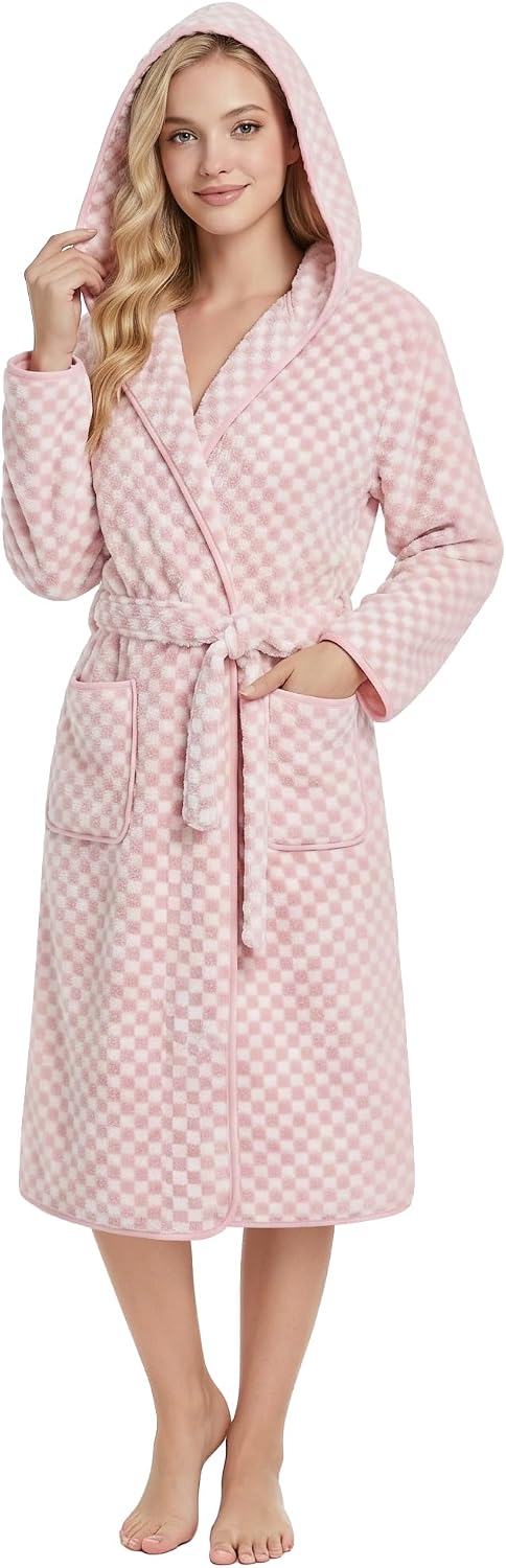 PJGGZ Checkered Hooded Bathrobe for Women, Lightweight Microfiber Towel Material Quick Dry Soft Absorbent Y2K Trendy Robe
