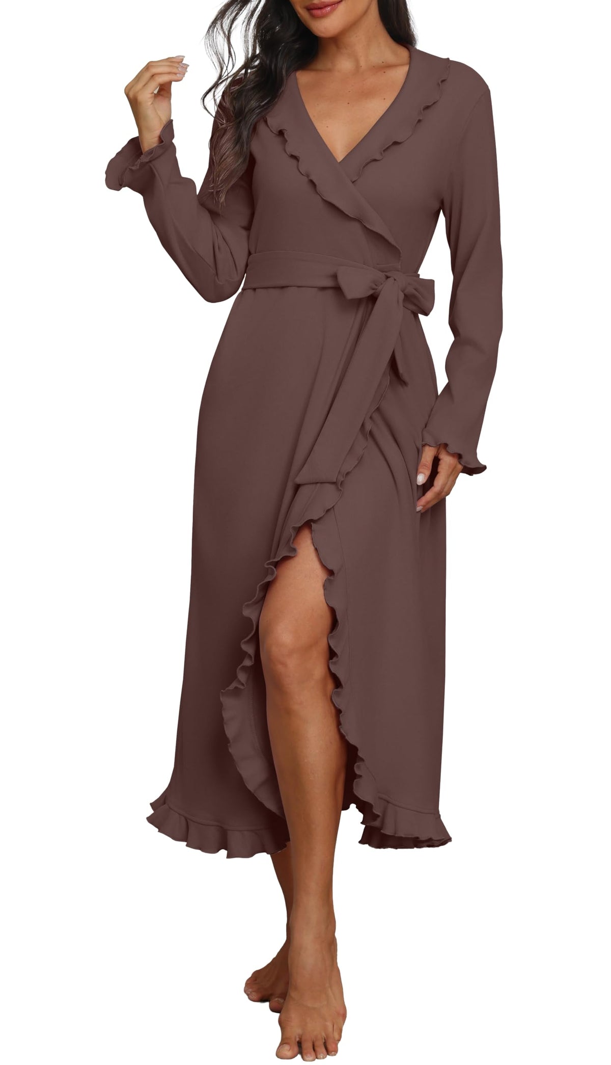 PrinStory Womens Robe Fleece Ruffle Warm Long Bathrobe