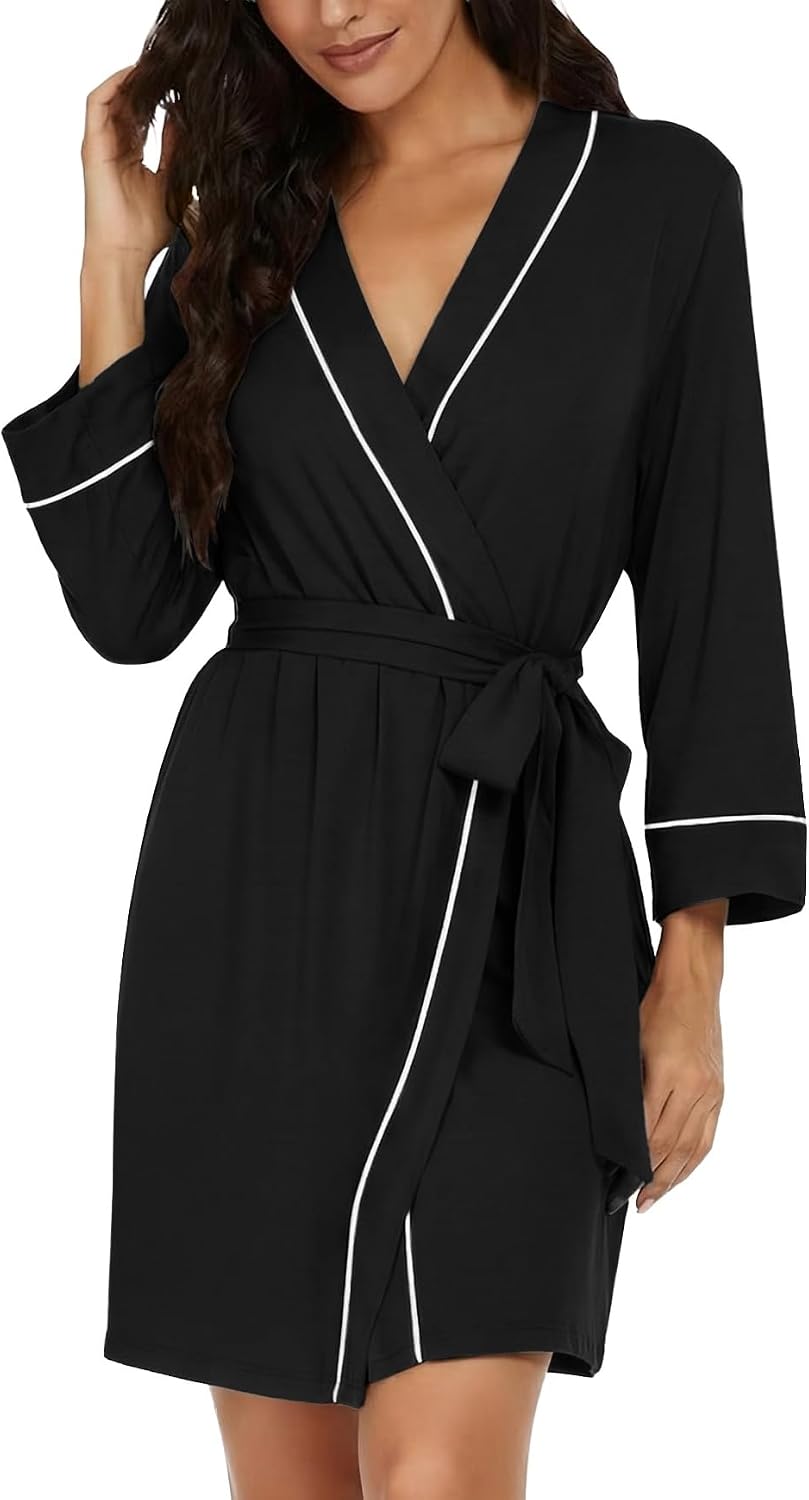 PrinStory Womens Robe Knee Length Soft Knit Bathrobe S-2XL