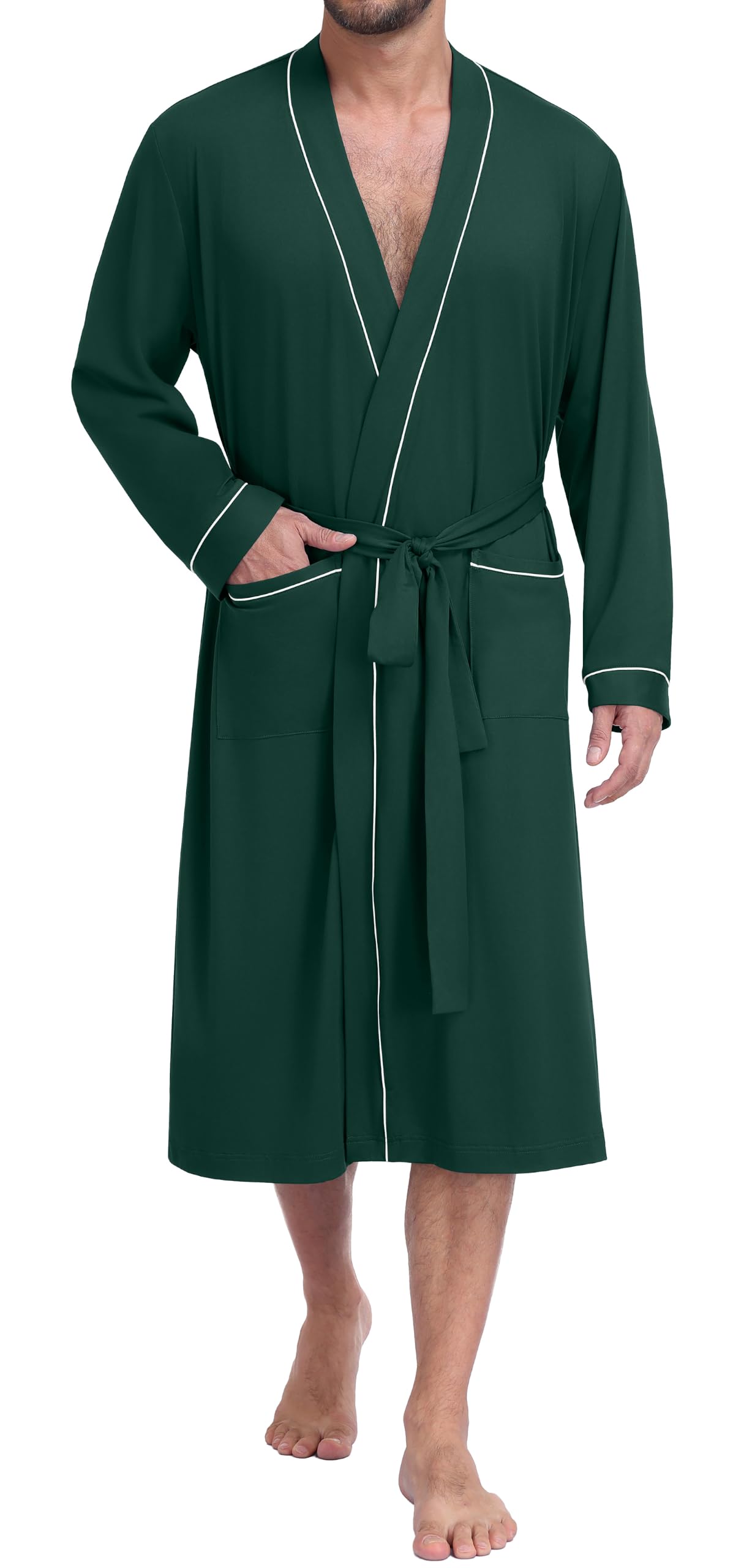 PrinStory Mens Lightweight Robe Soft Knit Kimono Long Bathrobe Loungewear