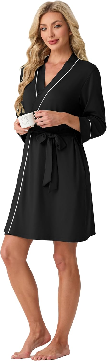 PrinStory Womens Robe Knee Length Soft Knit Bathrobe S-2XL