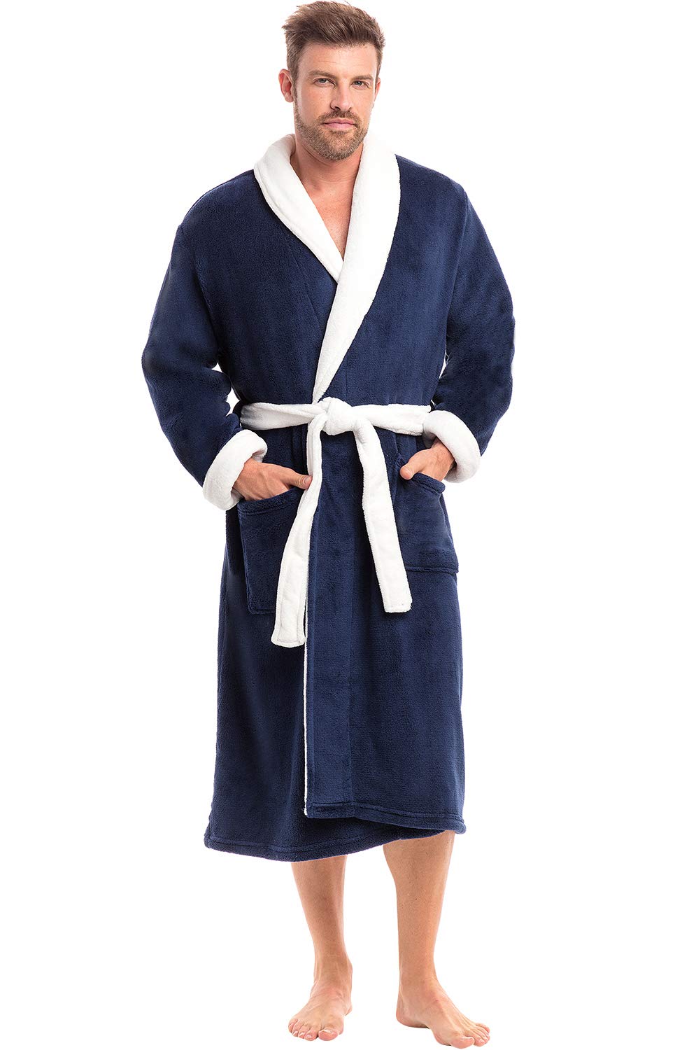 Men's Long Sleeve Lightweight Fleece Robe with Pockets, Bathrobe