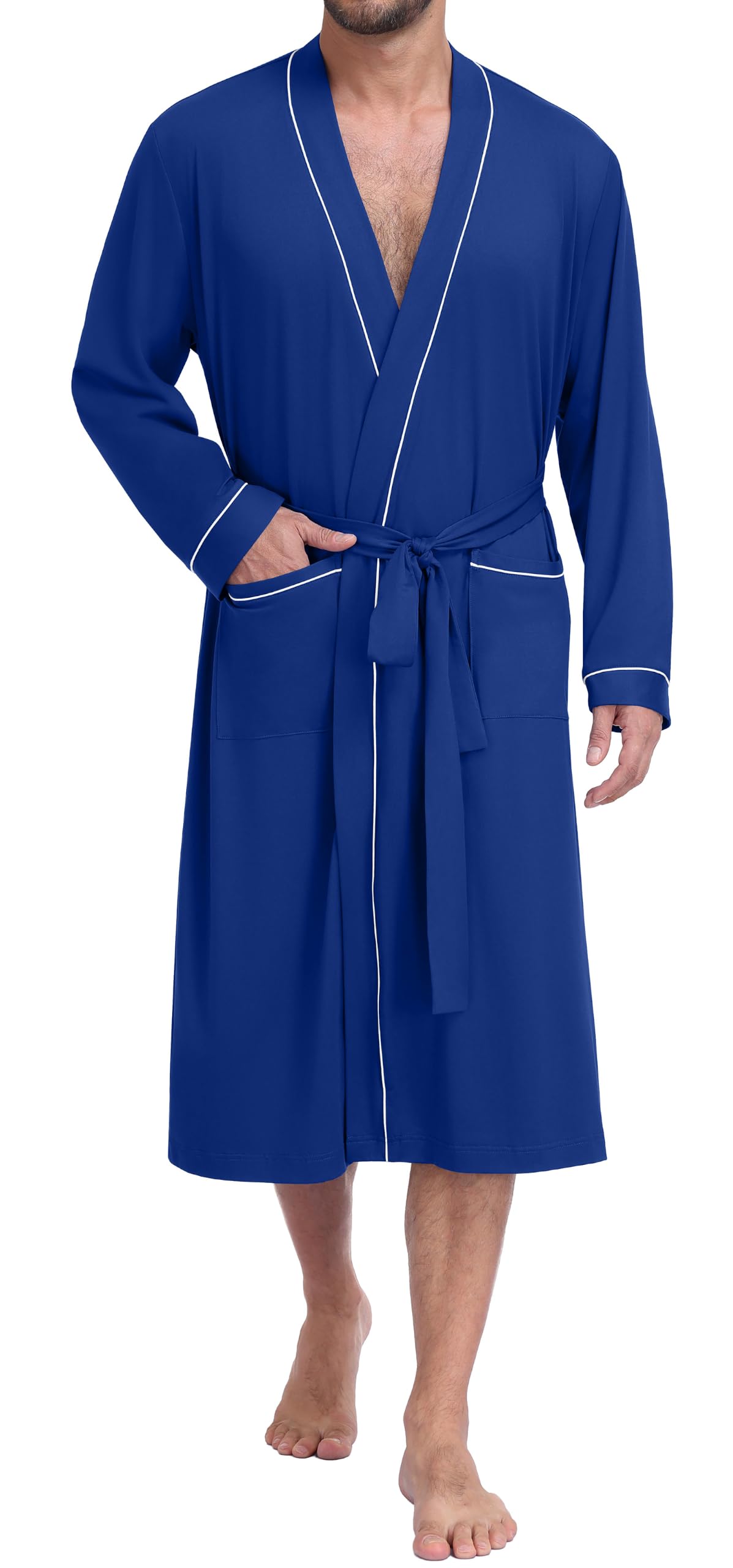 PrinStory Mens Lightweight Robe Soft Knit Kimono Long Bathrobe Loungewear