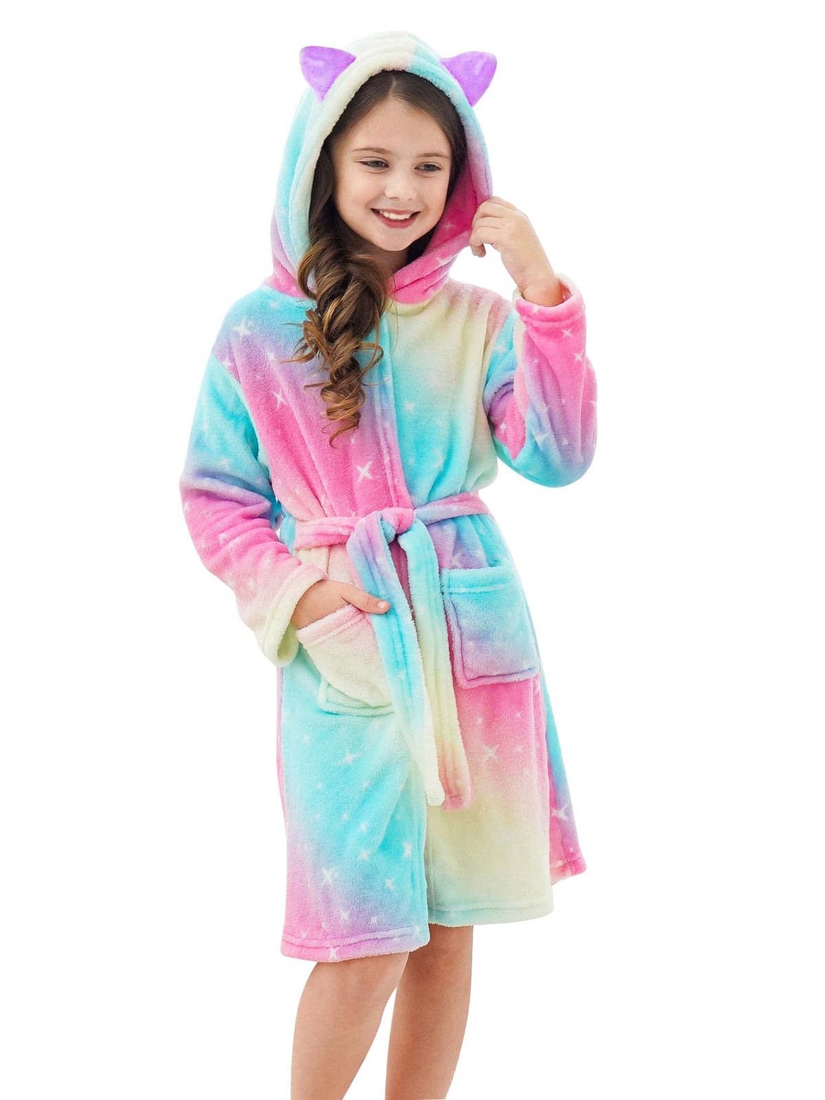 Doctor Unicorn Soft Hooded Rainbow Bathrobe Sleepwear for Girls