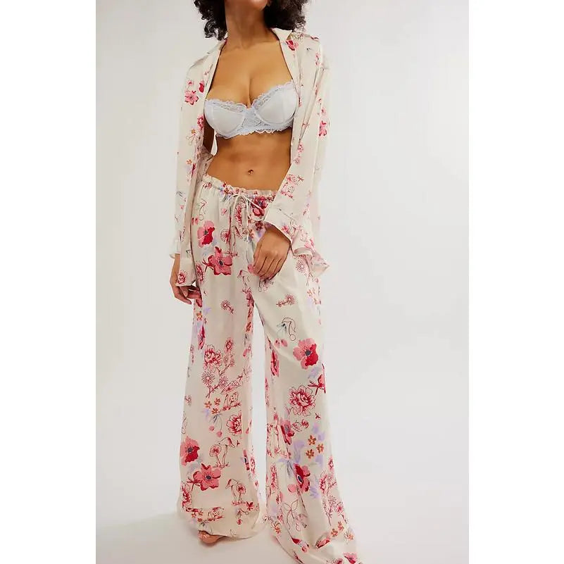 Women's Floral Satin Pajama Set, Long Sleeve Button-Down Shirt & Wide Leg Pants, Silky Sleepwear Loungewear Set for Women