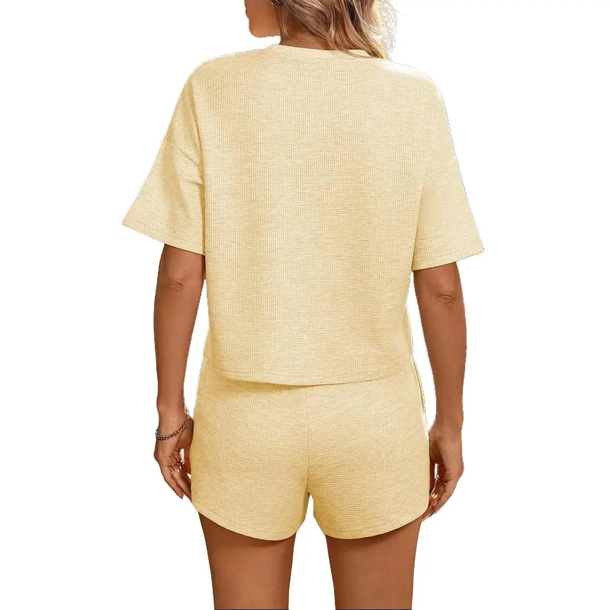 Women's 2Pcs Cropped Waffle Knit Lounge Set - Short Sleeve Henley Top & High Waisted Shorts Comfy Casual Outfit