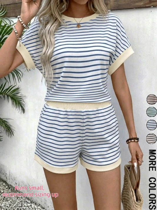 Women's Striped Knit Short Sleeve Top & Shorts Set, Lounge Set, Pajamas for Women, Pjs, Casual Style Summer Homewear, Pyjama Set for Beach and Vacation, Outdoor Wear, Loungewear & Sleepwear, Casual Comfy Pyjama