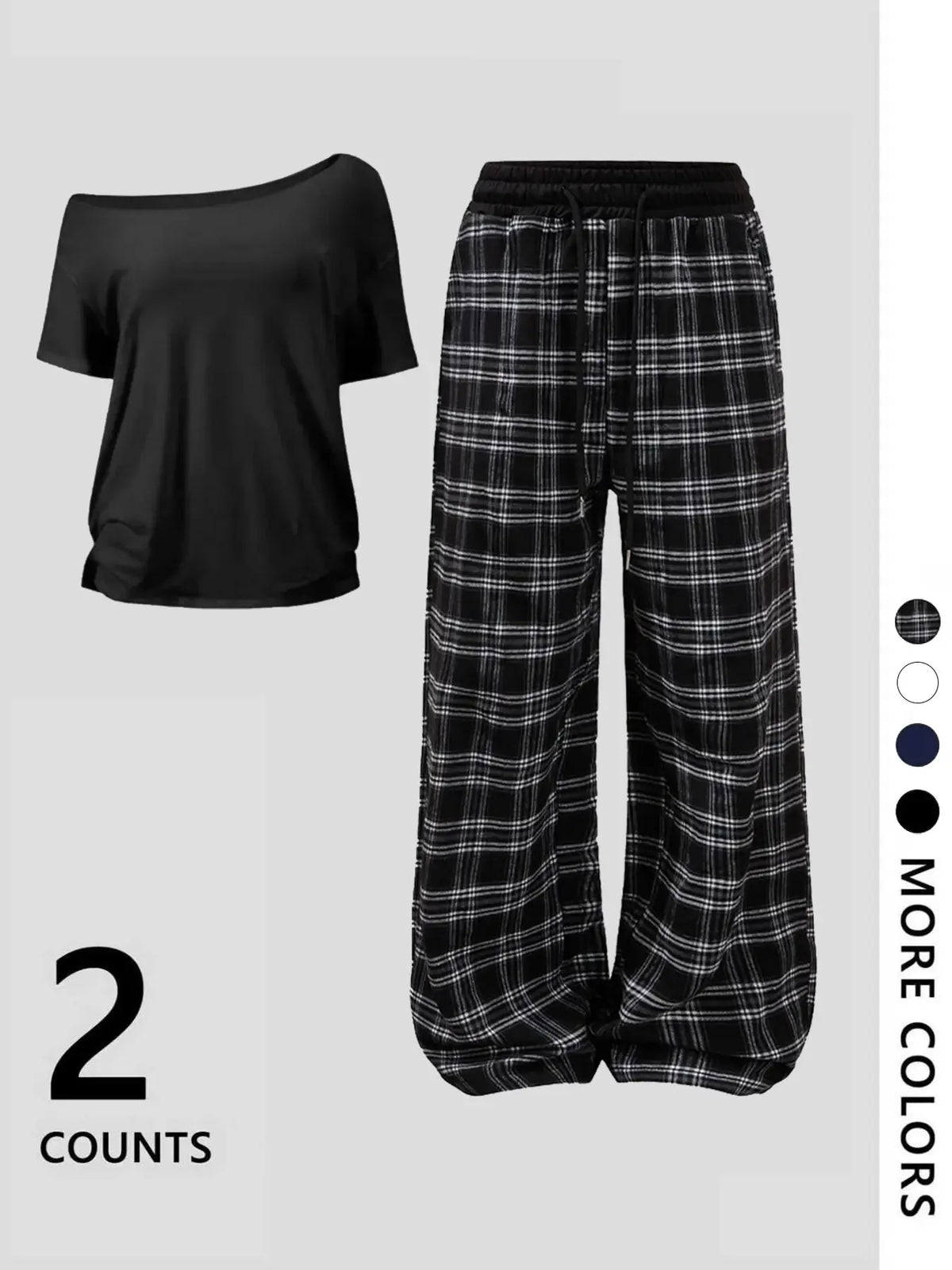 Women's Off-Shoulder Loose Short Sleeve Top with Plaid Pants Pajama Set, Nightwear Loungewear Set, Loungewear, Homewear, Fashionable and Comfortable, Ideal for Daily Activities and Home Wear, Matching Loungewear