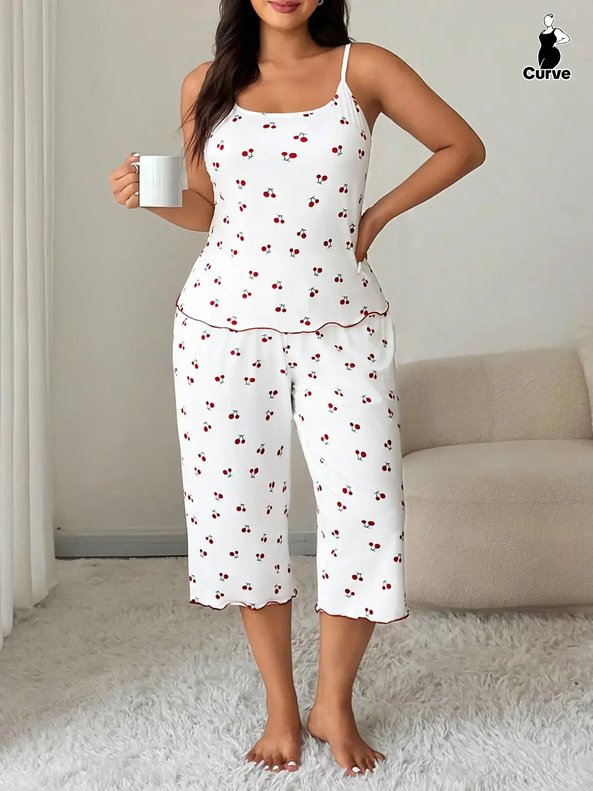 Women's Cherry Print Sleeveless Pajama Set, Cami Top & Wide-Leg Pants, Comfortable Stretch Sleepwear & Loungewear for All Seasons