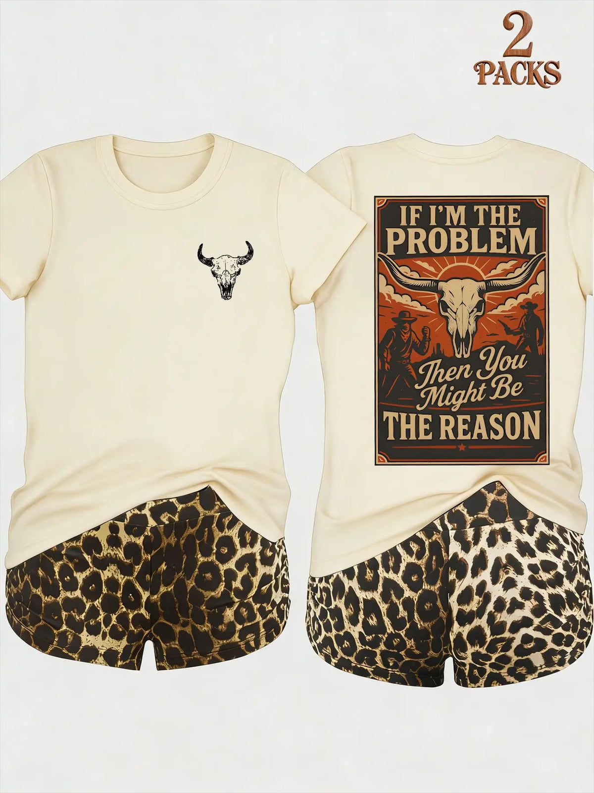 2-Pack Value Set, Matching Short-Sleeve Tees & High-Waisted Leopard Print Shorts, Comfortable Sleepwear for Lazy Days & Cozy Nights, Loungewear Pajama Set