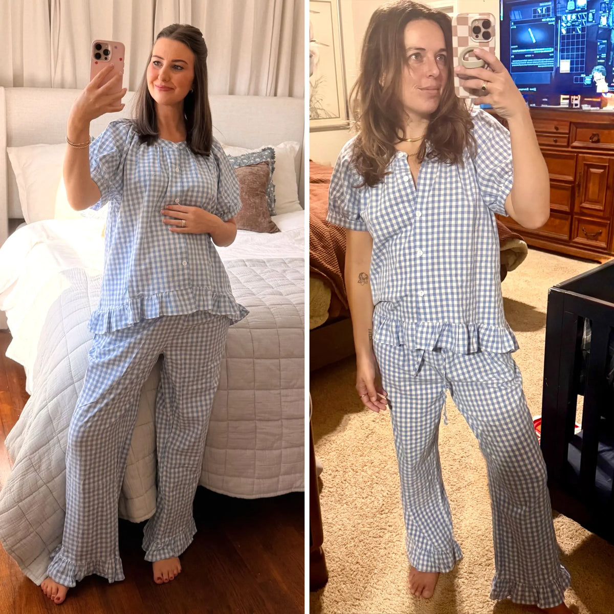 Buenoble Womens Plaid 2 Piece Pajamas Sets Gingham Button Down Puff Sleeve Babydoll Shirt Ruffle Pants Y2K Pjs Lounge Set