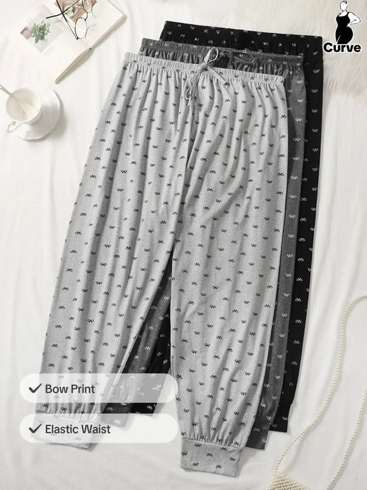 Plus Size Women's All Over Bow Print Knot Front Elastic Waist Knit Pajama Pants, Pj Bottoms, Loose Fit Everyday Casual Comfy Breathable Jogger Pants for Daily Home Wear, Women's Sleepwear for All Seasons, Nightwear, Loungewear, Homewear