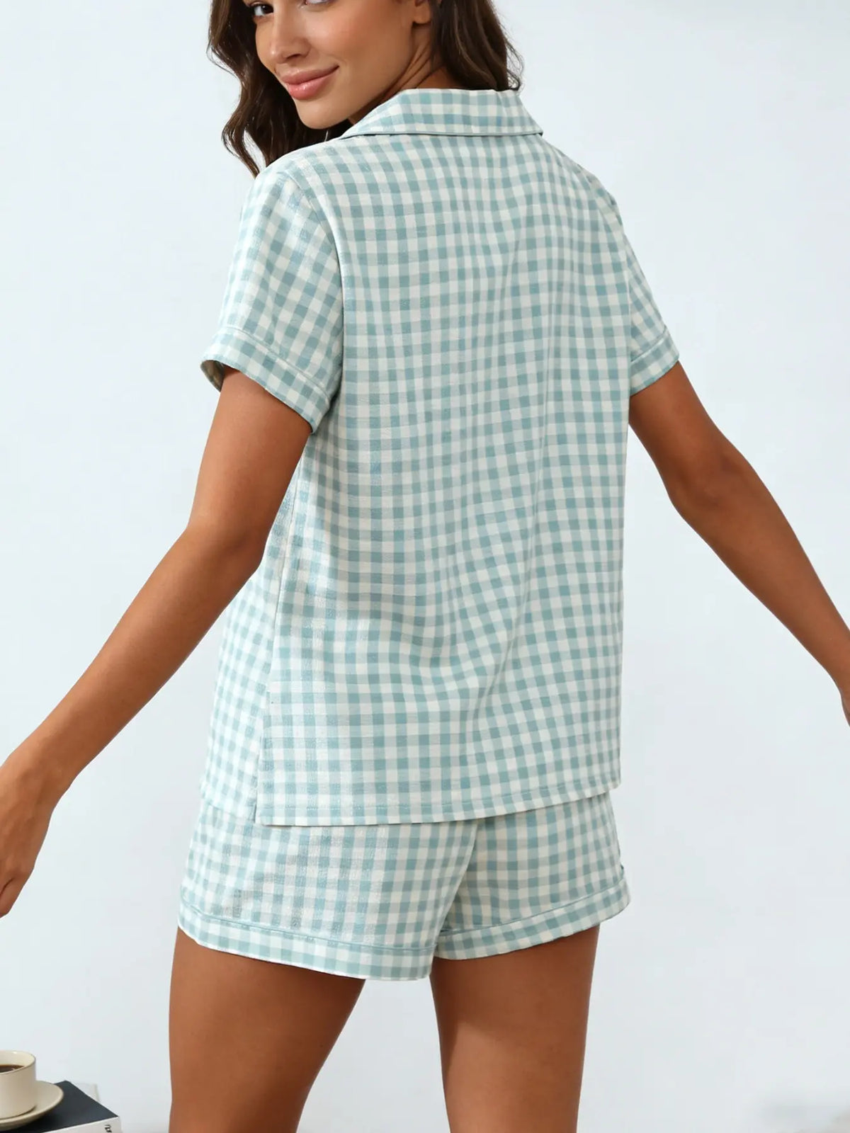Spring Summer Women's Sleepwear Loungewear Outfit Pajama Set, Casual Pajamas Set, Casual Fitted Nightwear, Womenswear Open Front Lapel Short Sleeve Shorts Two-Piece, Plaid Classic Casual Style Pjs Pyjamas