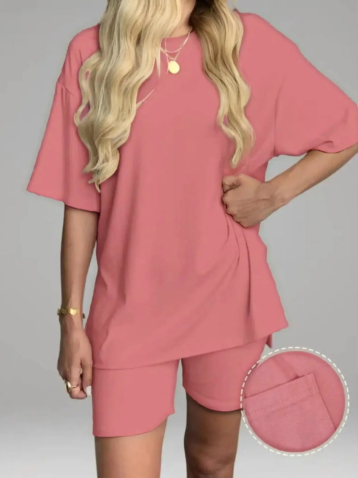 Women's Solid Color T-Shirt and Tight Shorts Set, Casual Summer Comfort Round Neck Sleepwear Loungewear, Pocket Design, Outdoor Wear, Lounge Clothes