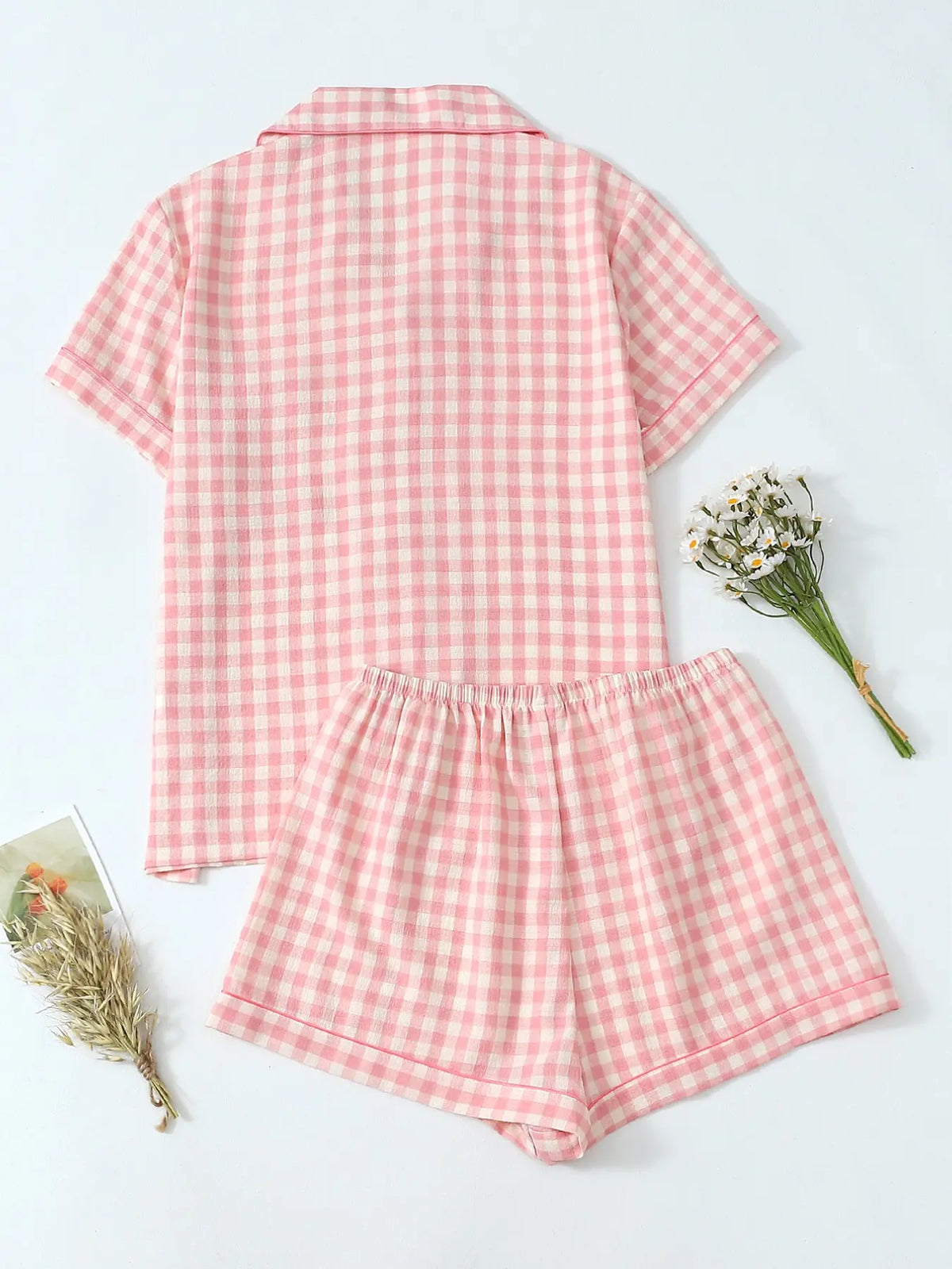 Women's Gingham Print Crop Shirt & Shorts Pyjama, Casual Comfy Short Sleeve Collared Top & Shorts PJ Set, Ladies Sleepwear Loungewear Set for Summer Gingham Pajama Pajamas Sets