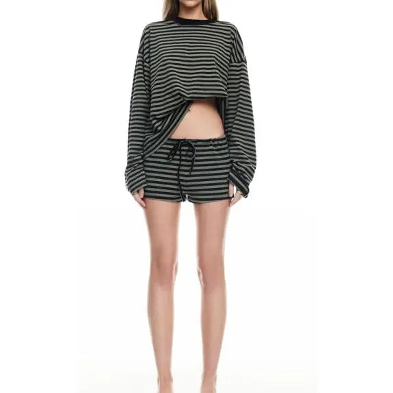 Women's Loungewear Set Soft Polyester Blend Long Sleeve Crop Top And Shorts Comfy Sleepwear