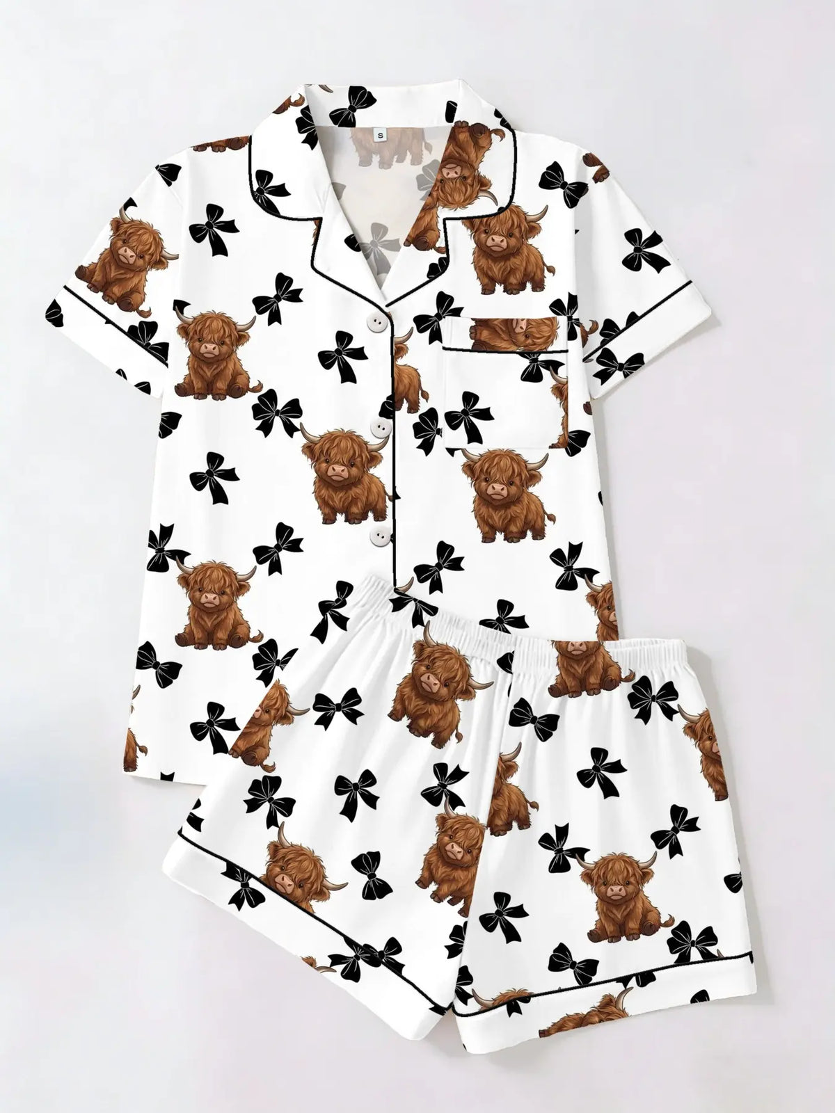 Cute Cat Garden Floral Print Short Sleeve Top Shorts Pajama Set, Fitted Casual Aesthetic Homeewear for Women, Casual Style Loungewear, All Seasons Wear, Two-Piece Sleepwear