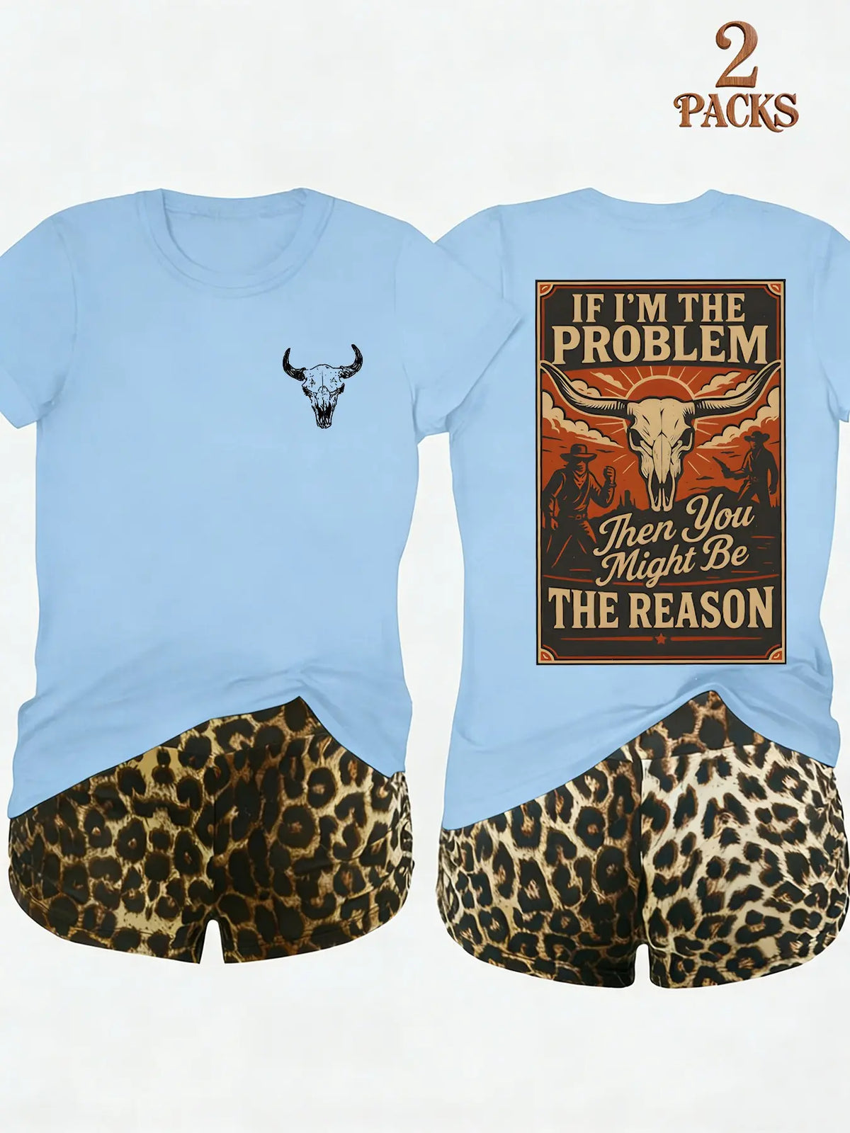 2-Pack Value Set, Matching Short-Sleeve Tees & High-Waisted Leopard Print Shorts, Comfortable Sleepwear for Lazy Days & Cozy Nights, Loungewear Pajama Set